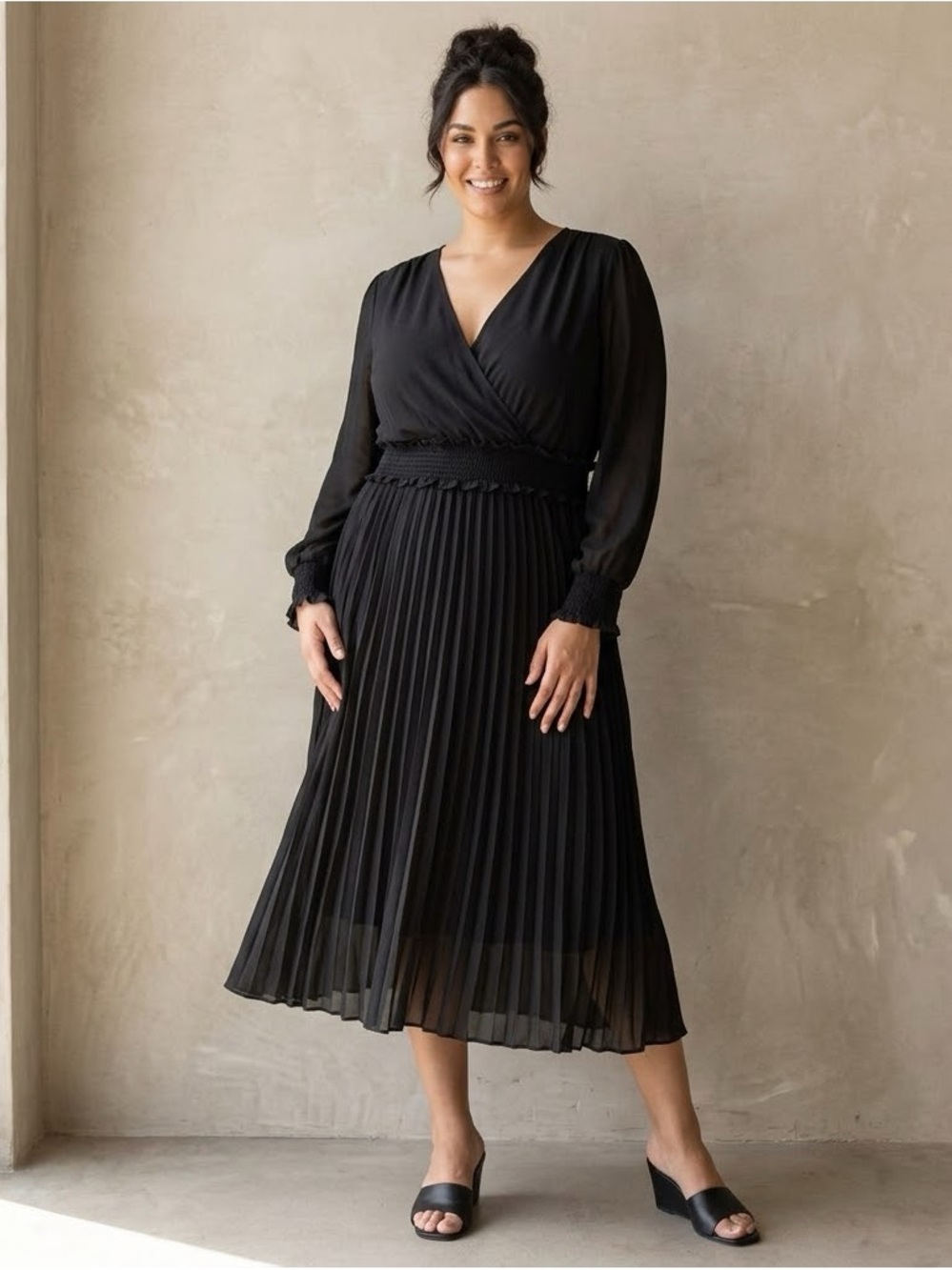 Smocked Waist Black Pleated Long-Sleeve Midi Dress